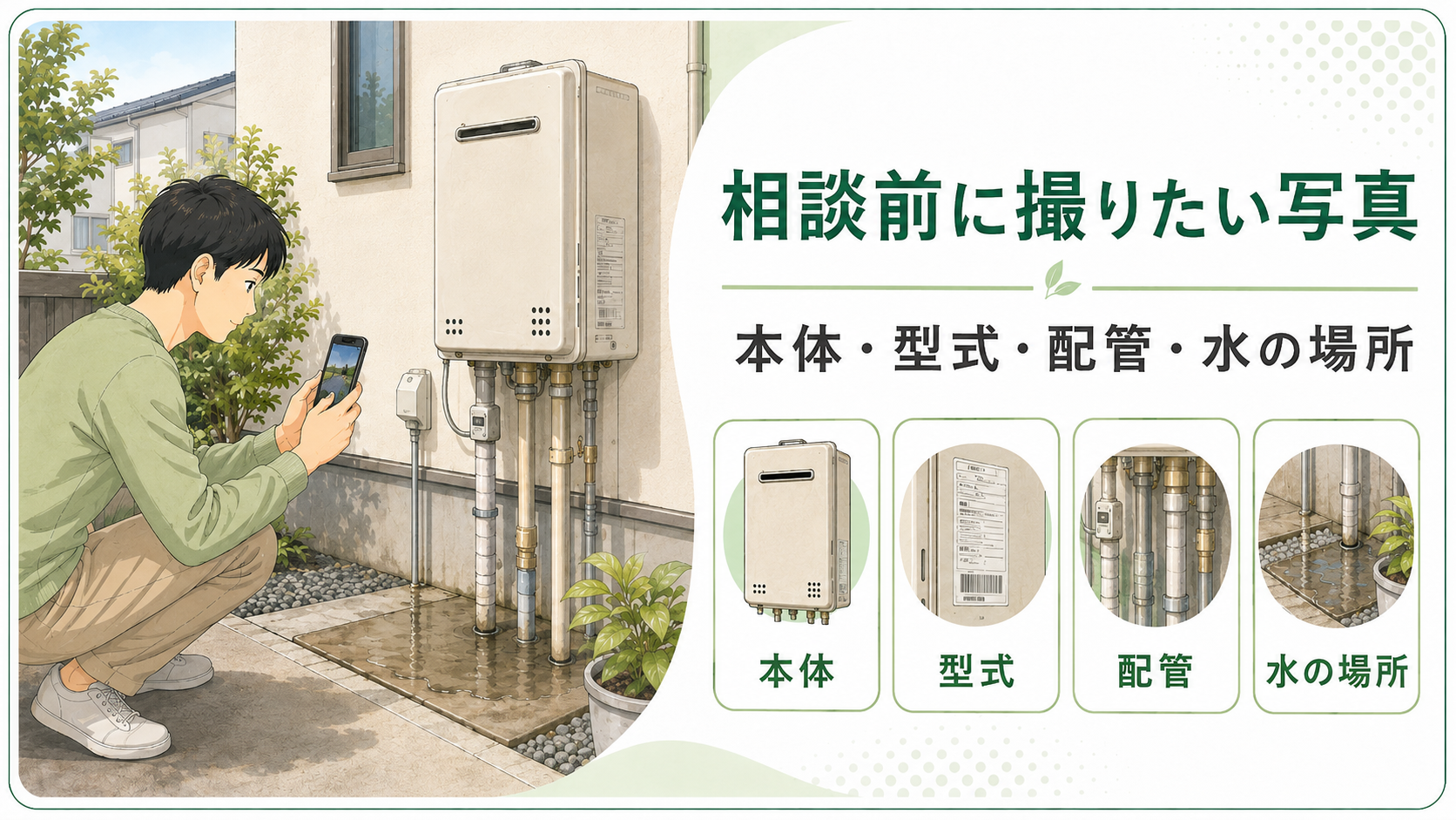 給湯器の水漏れ相談前に本体型式配管水の場所を撮影する住まい手