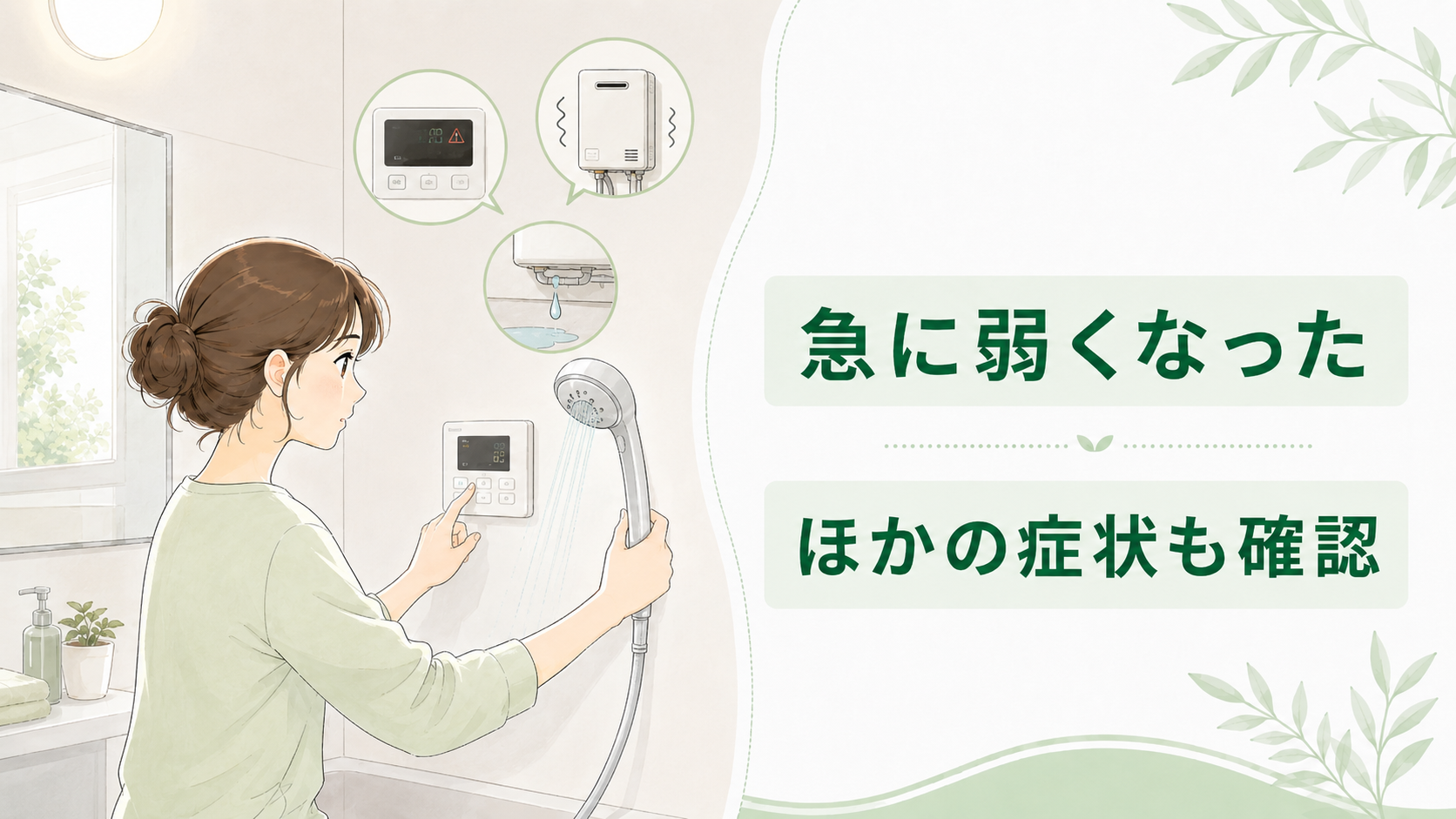 急にお湯が弱くなったときにエラー異音水漏れなどほかの症状も確認する