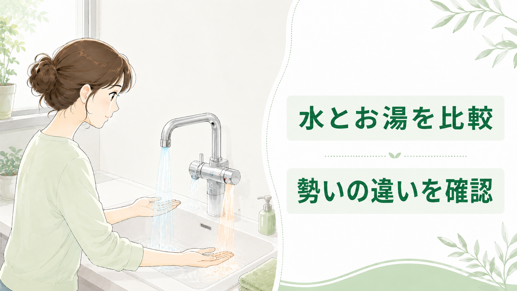 同じ蛇口で水とお湯を出して勢いの違いを比較する