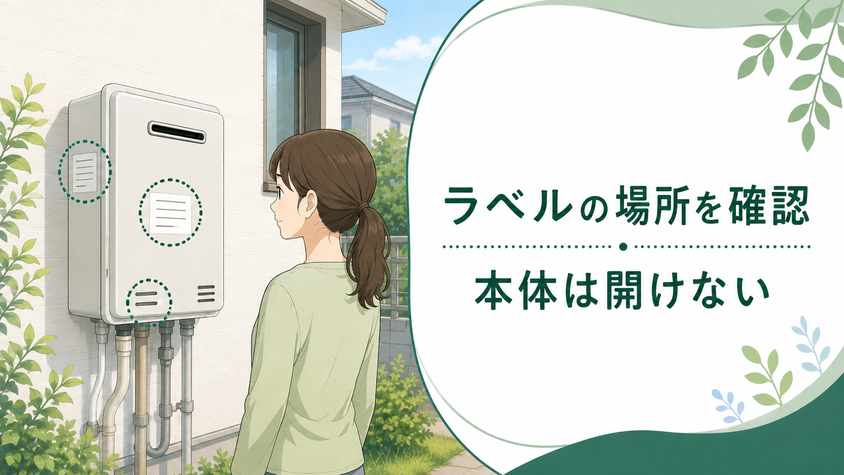 給湯器の正面や側面など外から見える範囲でラベルの場所を確認する