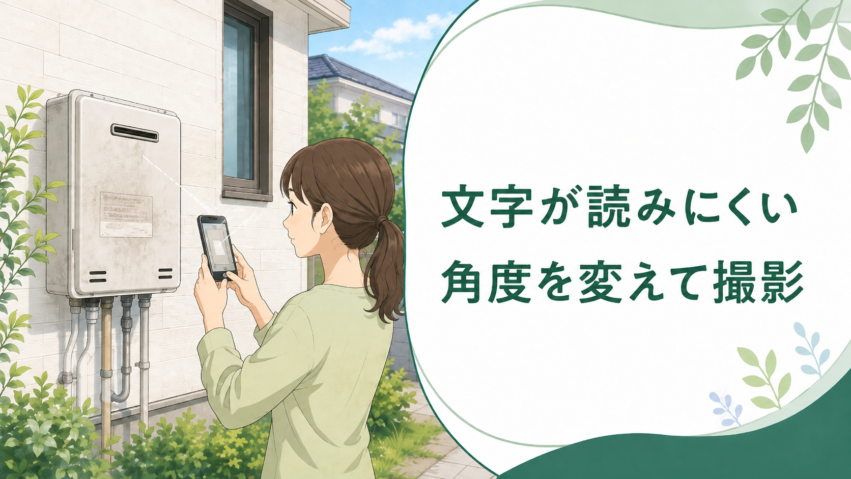 読みにくい給湯器ラベルを角度や光の反射を変えて撮影する