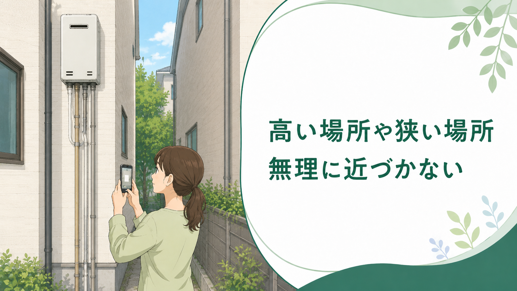 高い場所や狭い場所の給湯器へ無理に近づかず安全な位置から撮影する