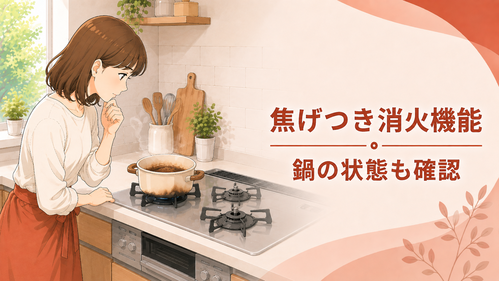 煮物の焦げつきを検知して自動消火したガスコンロを確認する住まい手