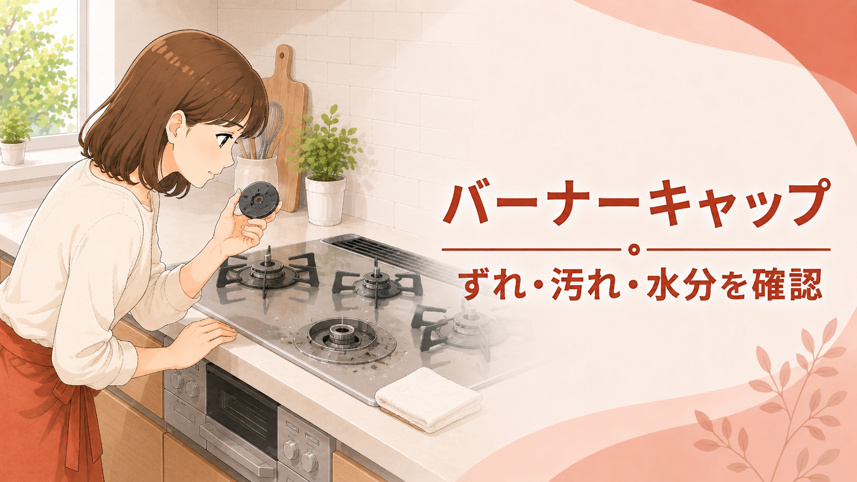 十分に冷めたガスコンロのバーナーキャップのずれや水分を確認する住まい手