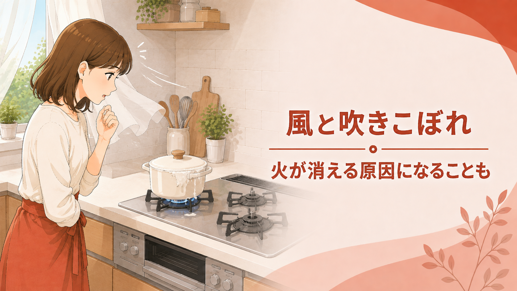 窓からの風や吹きこぼれで火が消えたガスコンロを確認する住まい手
