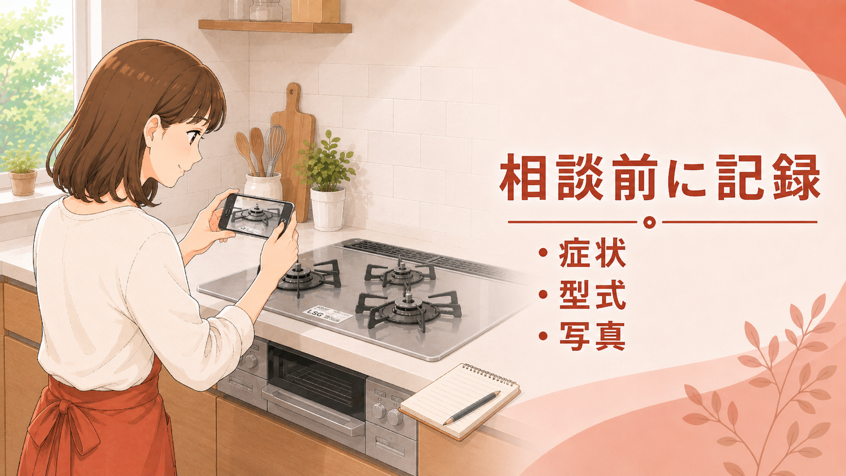 相談前にガスコンロと使用した鍋を撮影して症状を記録する住まい手