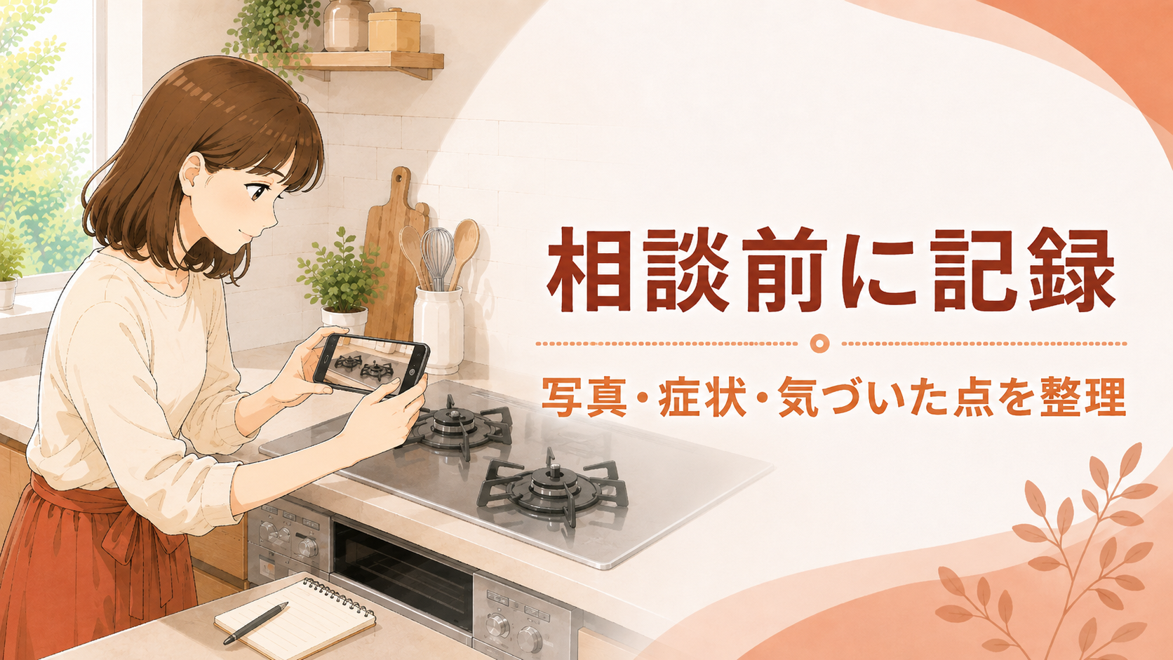 消火して冷めたガスコンロと型式を撮影して症状を記録する住まい手