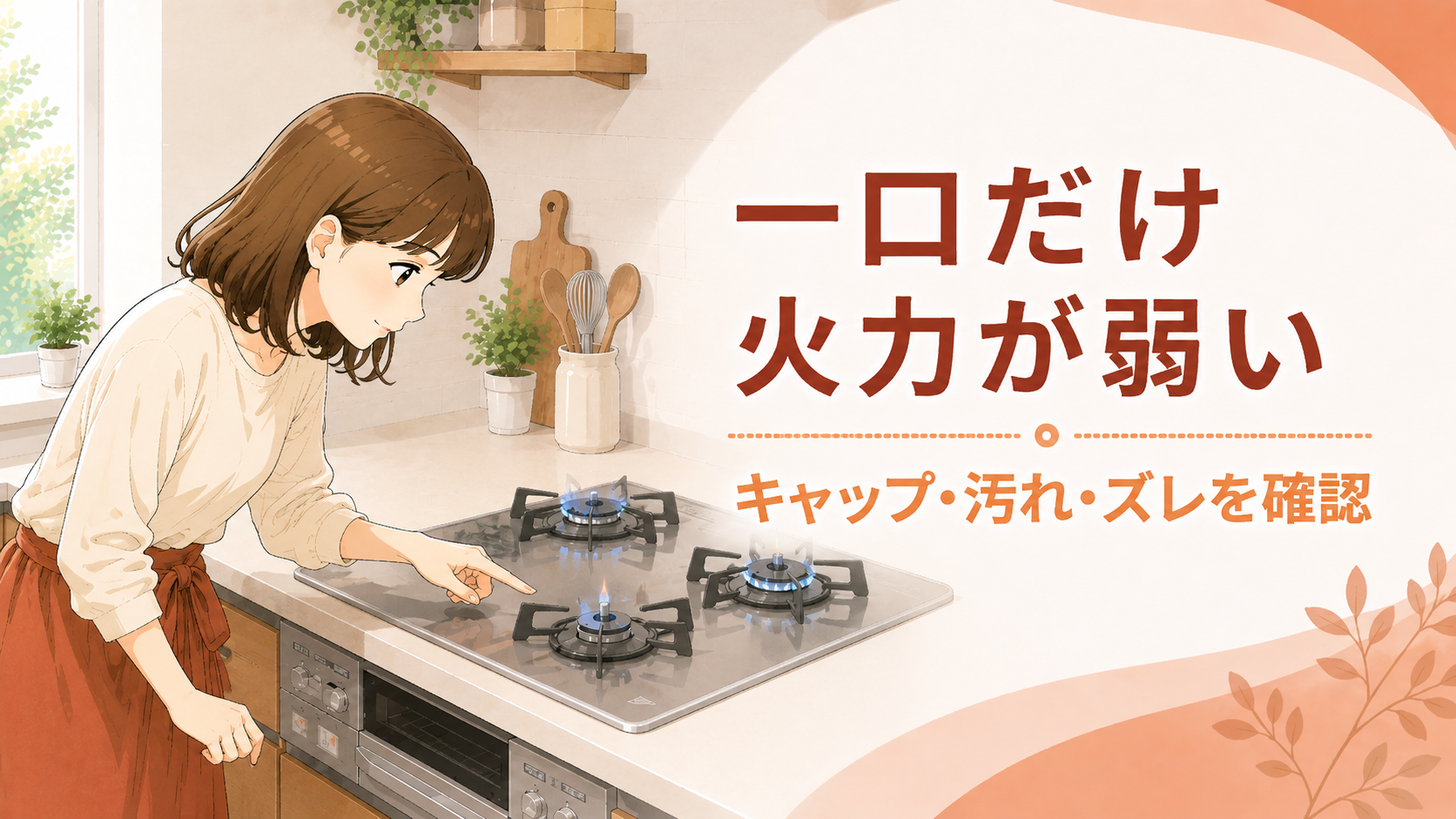 一つのバーナーだけ炎が弱い状態を確認する住まい手