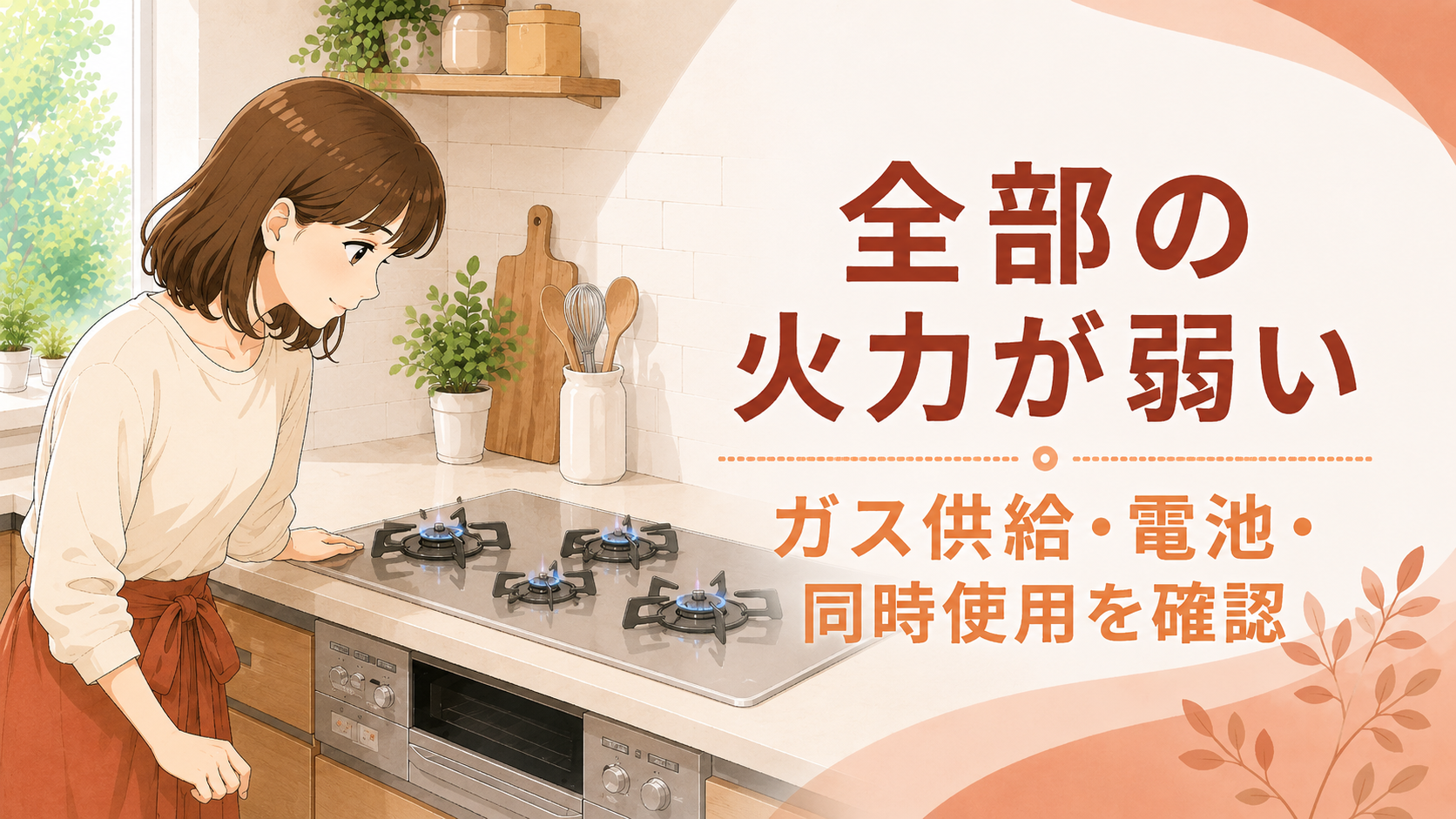 すべてのバーナーの火力が弱い状態を確認する住まい手