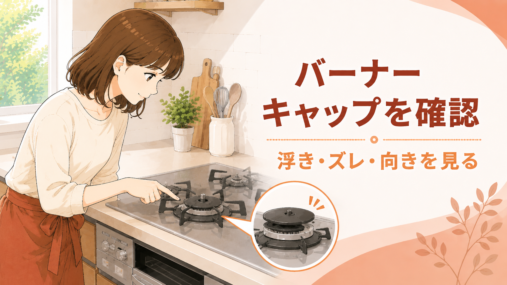 十分冷めたコンロでバーナーキャップの位置を確認する住まい手