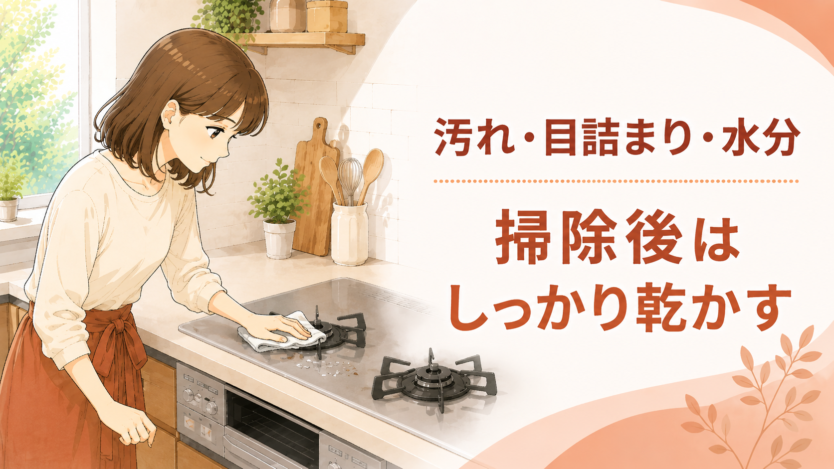 柔らかい清掃用具でバーナーの汚れや水分を確認する住まい手