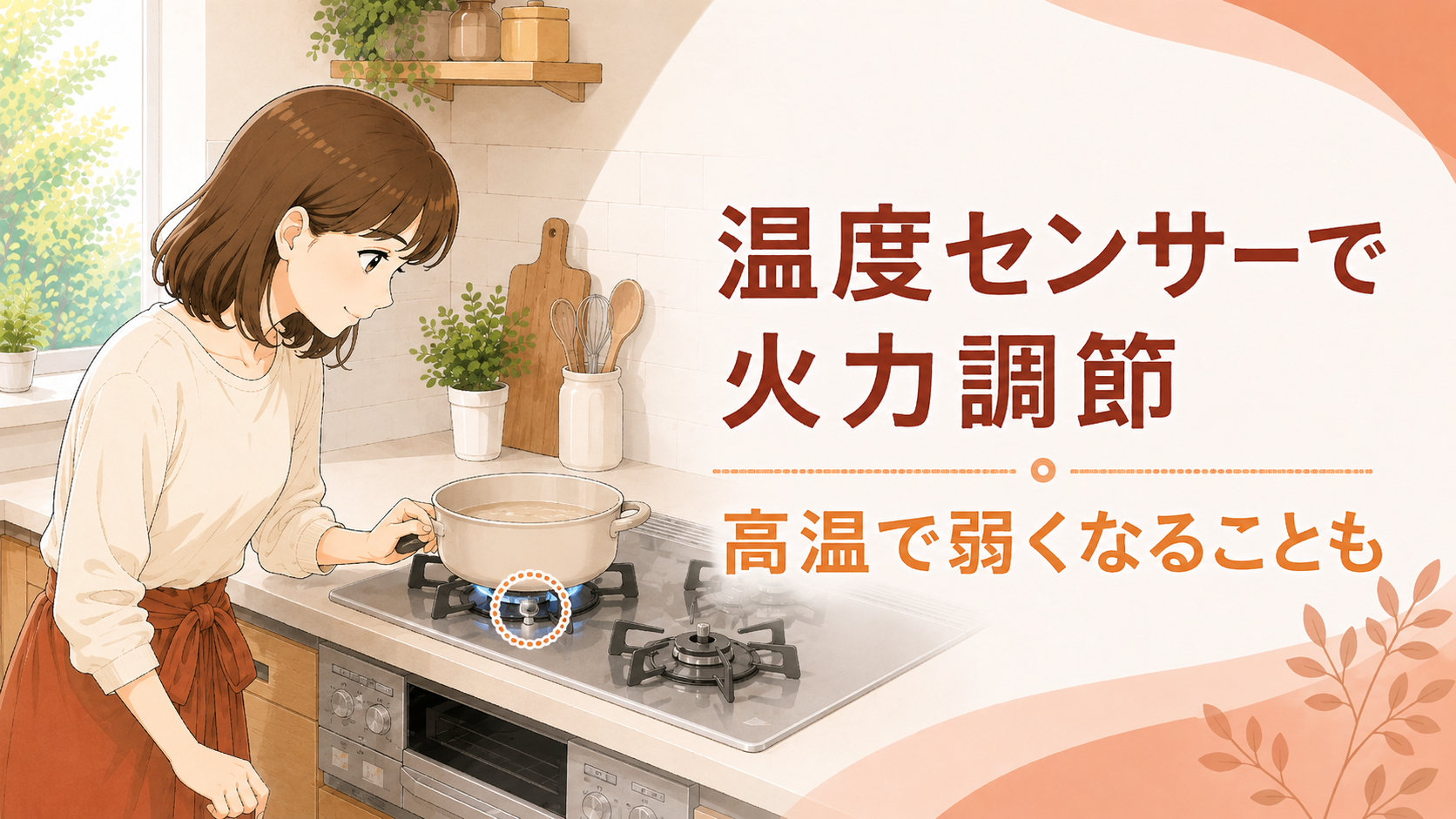 鍋底の温度センサーが作動して弱火に調節されるガスコンロ