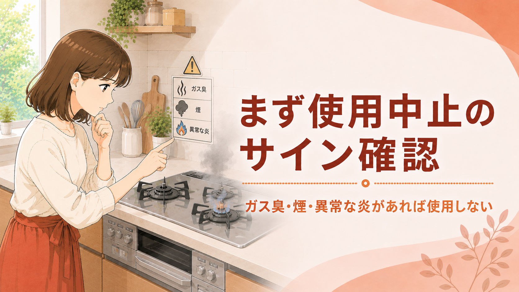 ガス臭や煙など使用中止のサインを確認する住まい手
