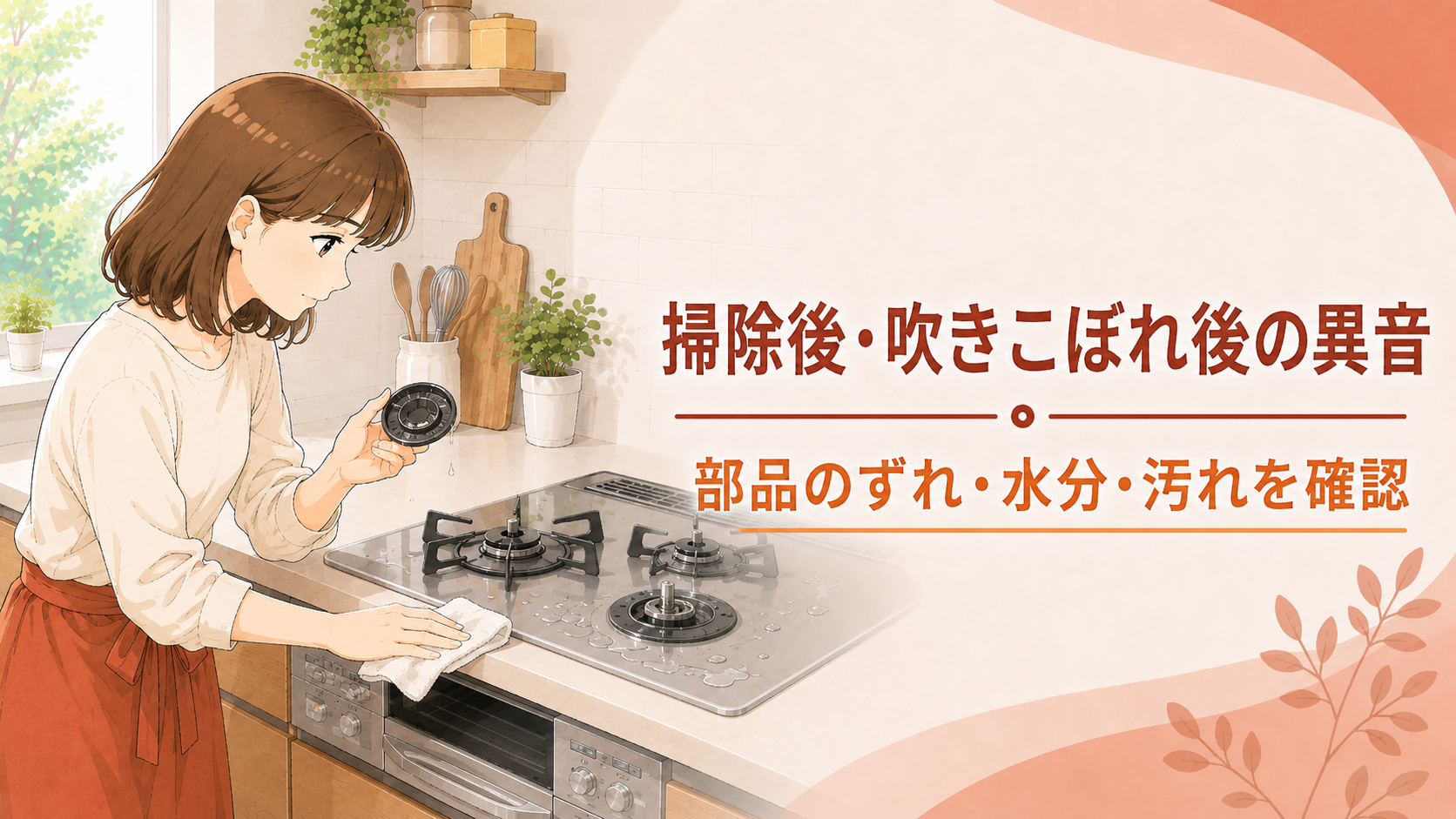 掃除や吹きこぼれ後の水分と部品位置を確認する住まい手