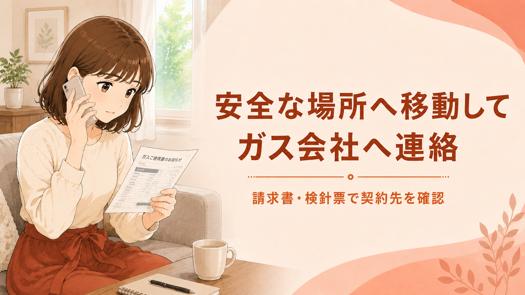 安全な場所へ移動して契約しているガス会社へ連絡する女性
