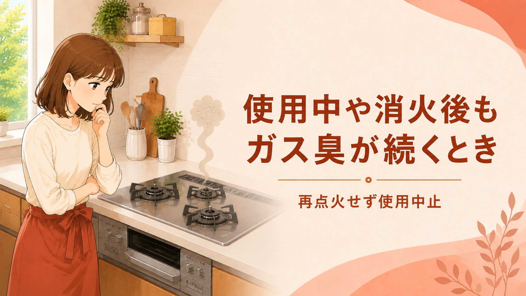 使用中や消火後もガス臭が続くときに再点火せず使用を中止する女性