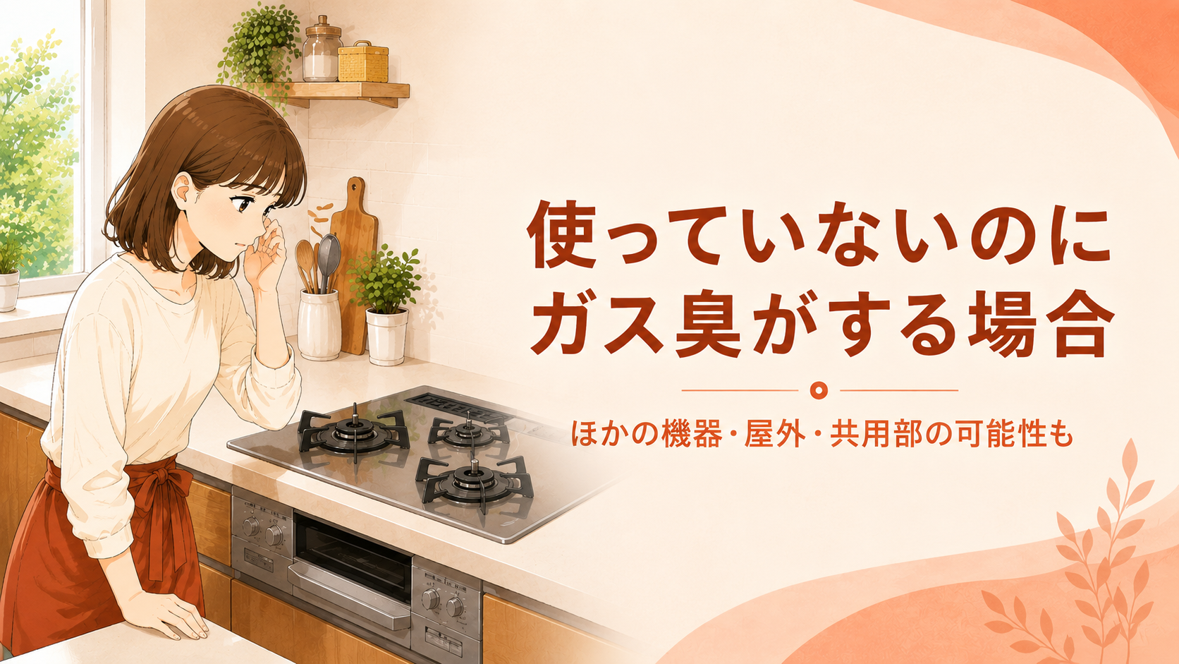 ガスコンロを使っていないのにガス臭がするときに原因を探さず相談する女性