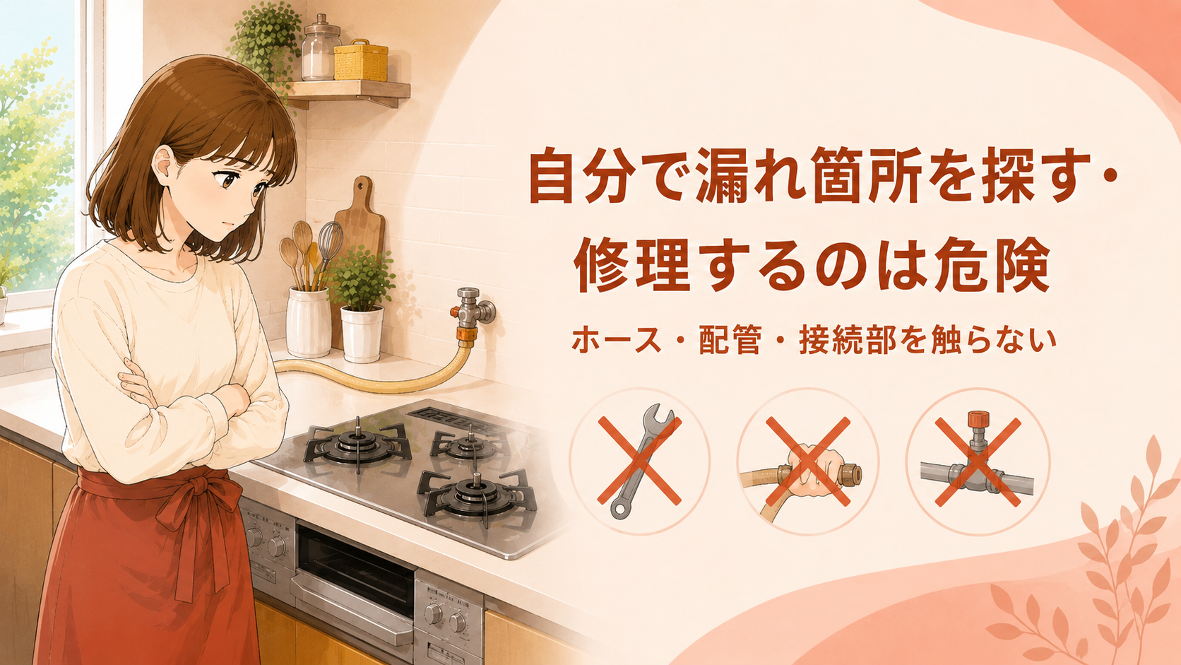 ガス漏れ箇所を自分で探したり修理したりしないよう注意する女性