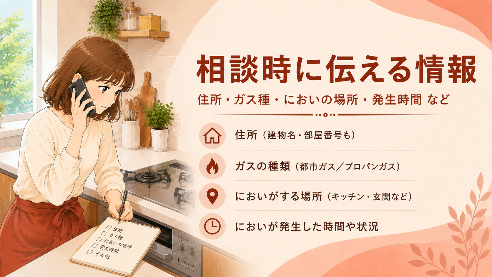 ガス会社への相談時に伝える情報を安全な場所で整理する女性