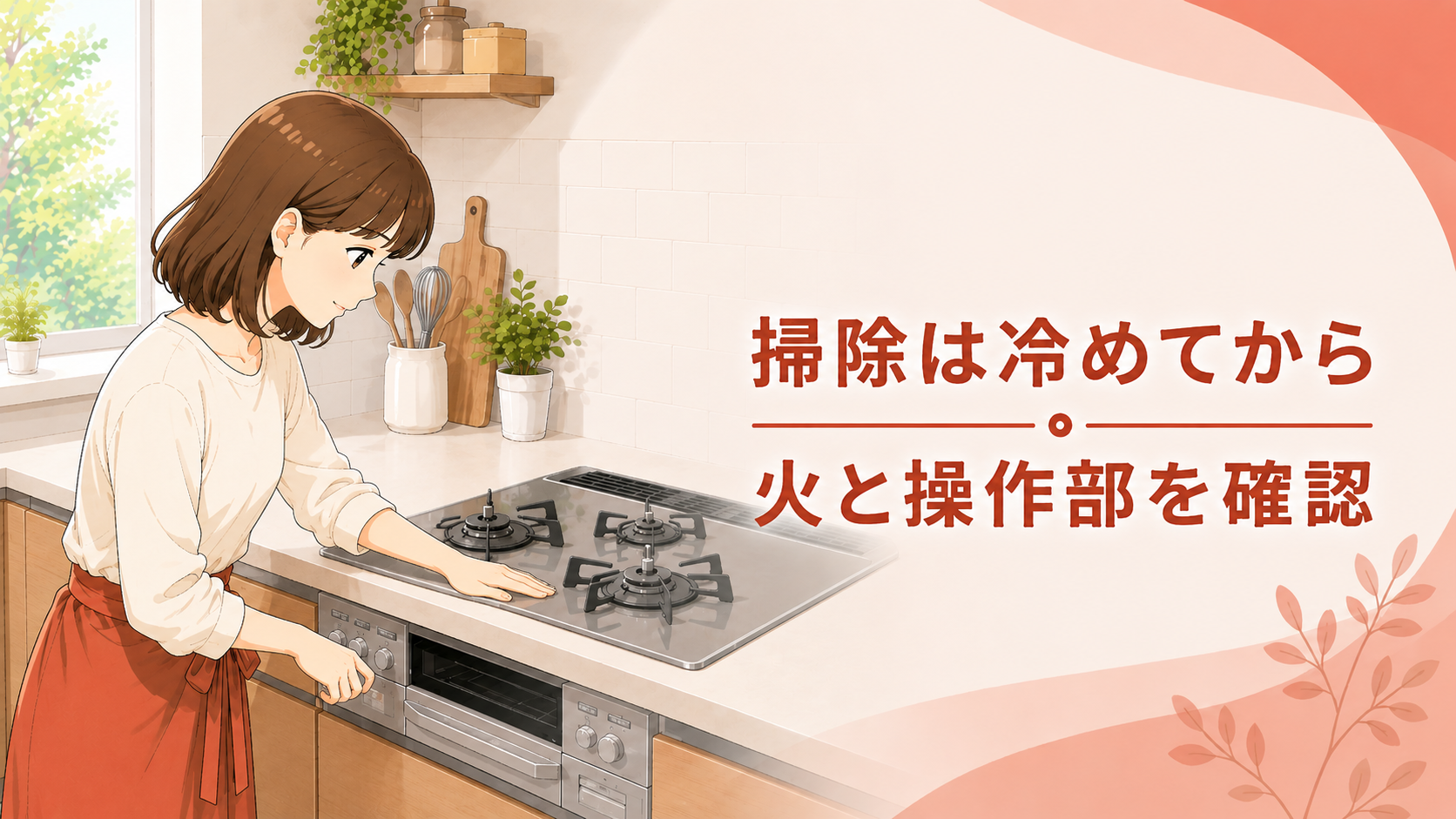 掃除は冷めてから行い、火と操作部を確認する様子
