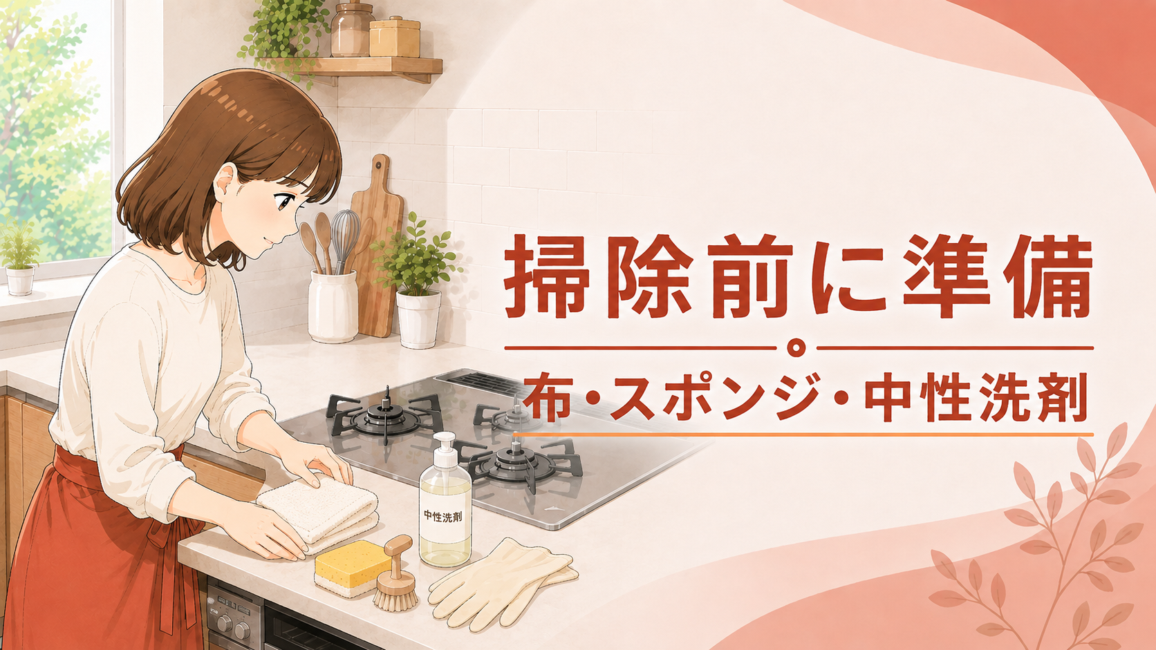 ガスコンロ掃除前に布・スポンジ・中性洗剤を準備する様子