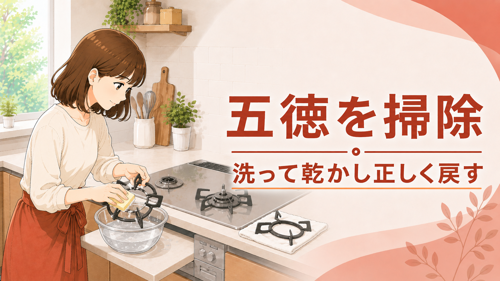 五徳を洗って乾かし、正しい位置へ戻す様子