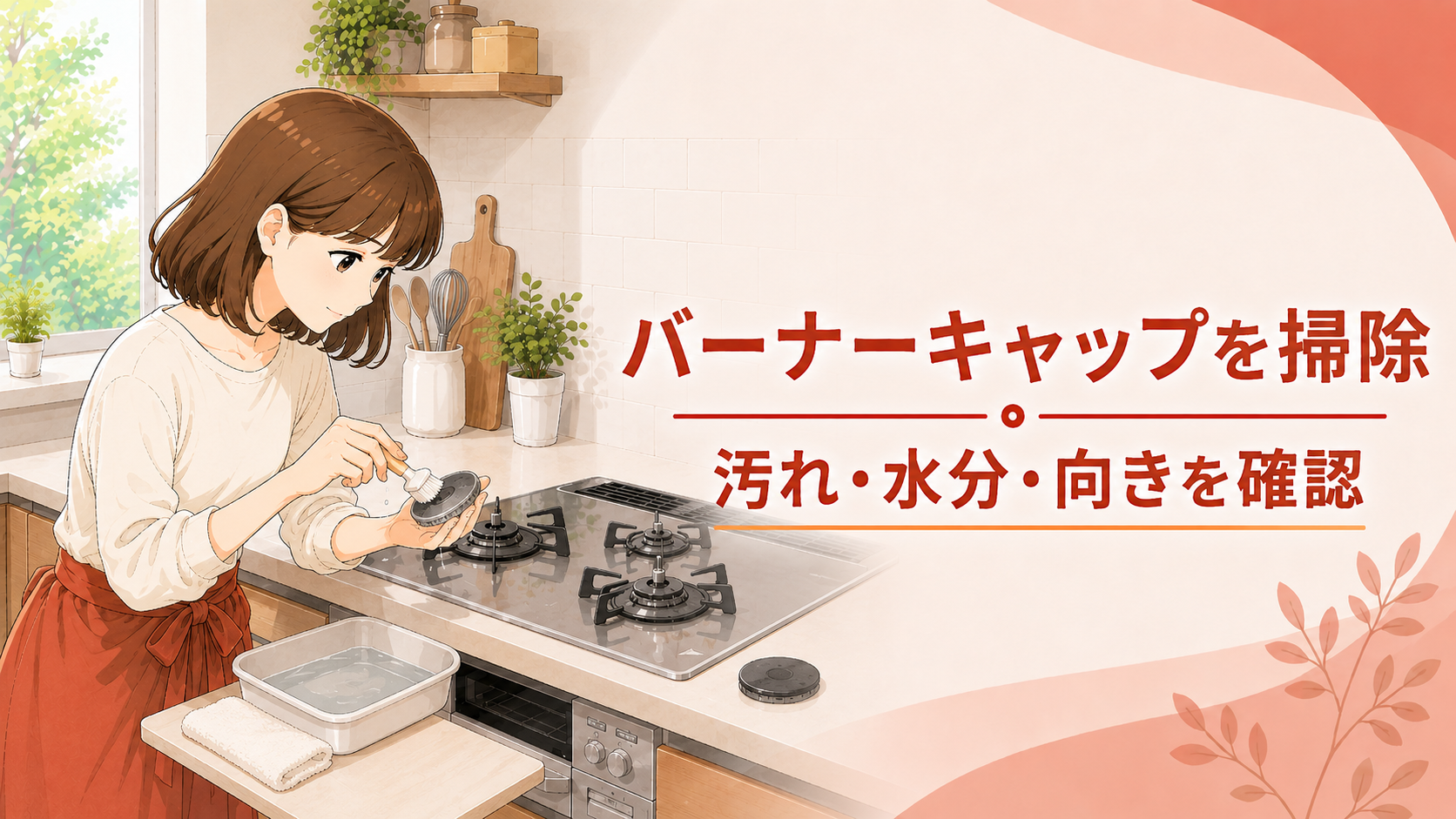バーナーキャップの汚れ・水分・向きを確認して掃除する様子