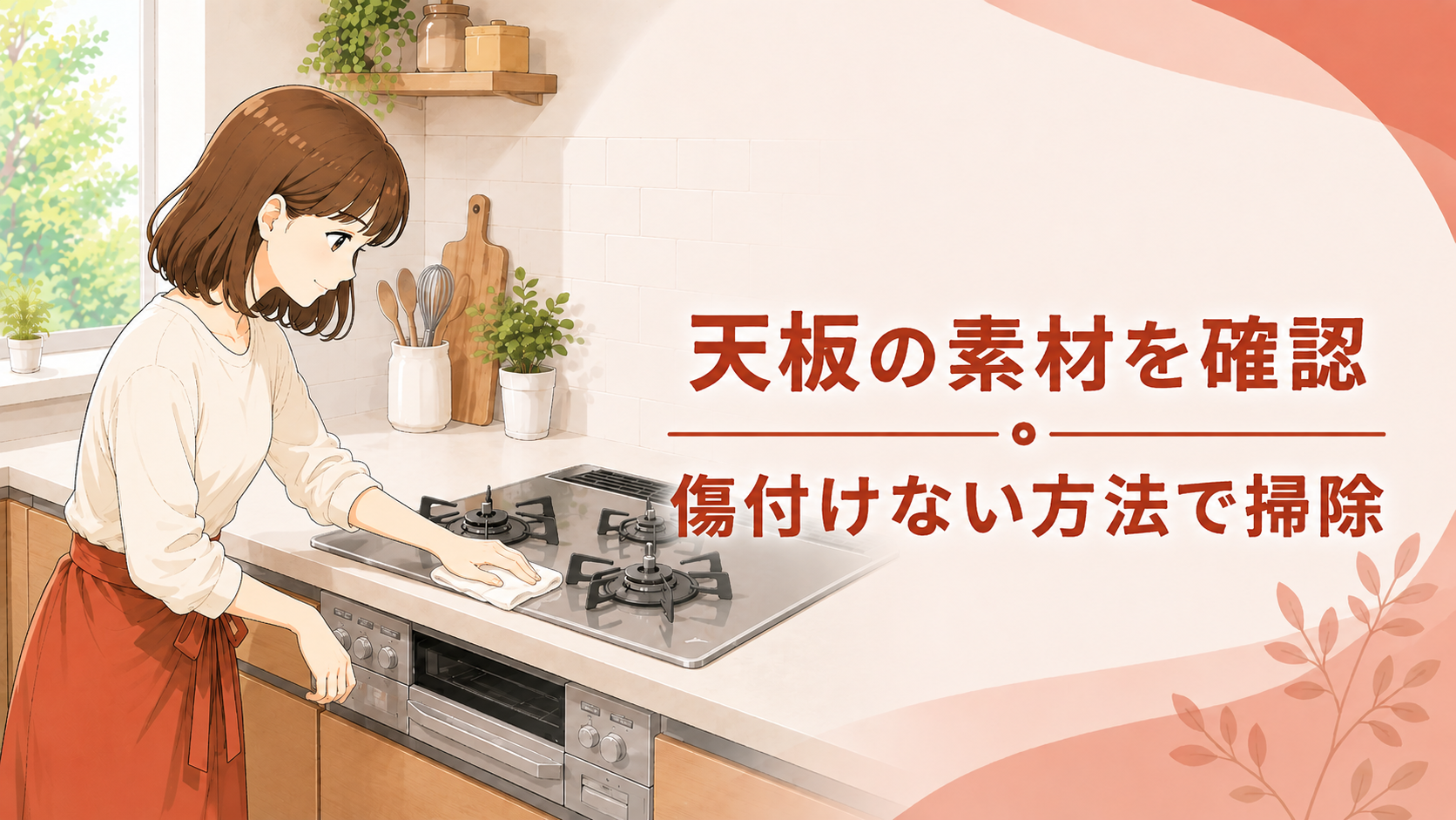 ガスコンロ天板の素材を確認して傷付けないよう掃除する様子