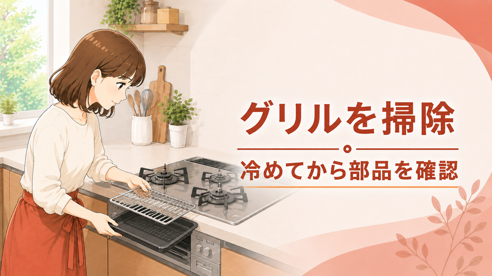 十分に冷めたグリルの取り外せる部品を確認する様子