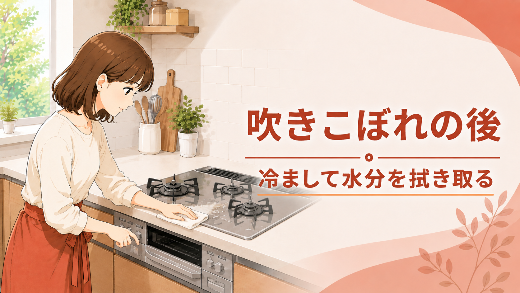 吹きこぼれ後にコンロを冷まして水分を拭き取る様子