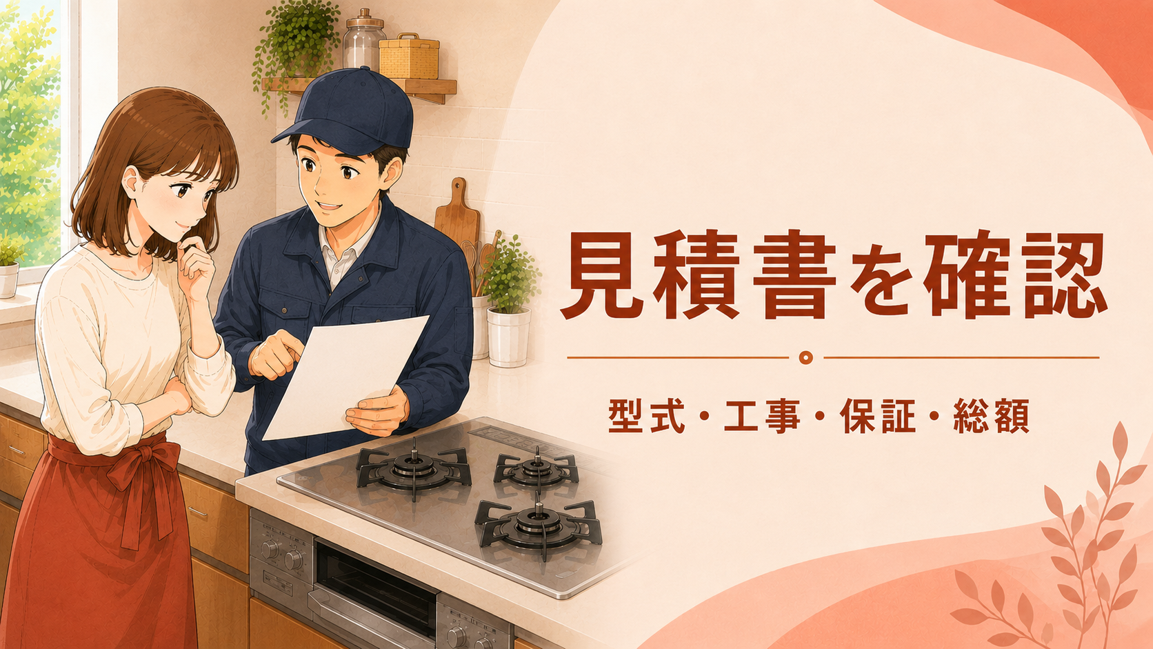 ガスコンロ交換の見積書で型式・工事・保証・総額を確認する様子