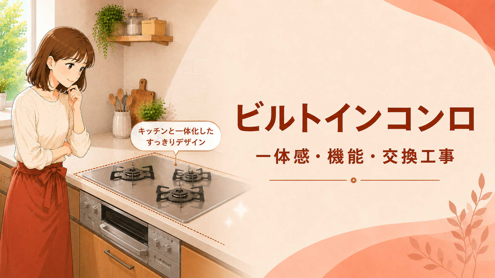 システムキッチンに組み込まれたビルトインコンロを確認する住まい手