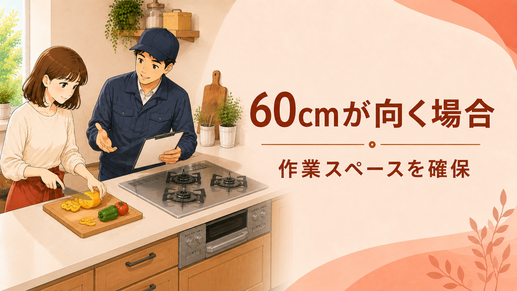 コンロ横の調理台と作業スペースを確認する住まい手