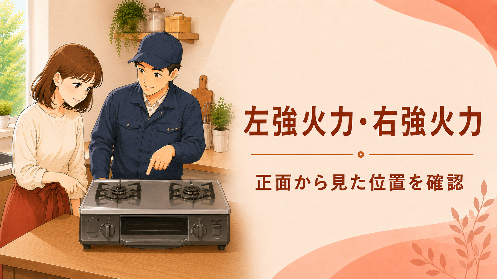 据置型ガスコンロの左強火力と右強火力の位置を確認する様子