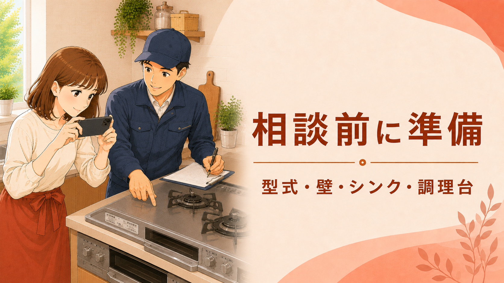 相談前にコンロ周辺と型式ラベルの写真を準備する様子