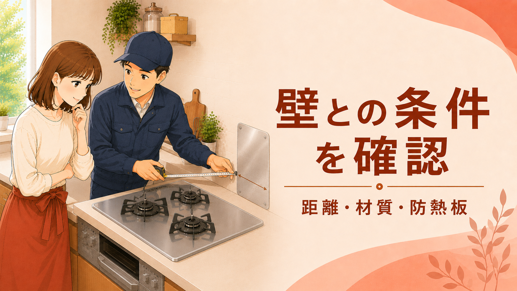 据置型ガスコンロと壁の距離や防熱板の条件を確認する様子