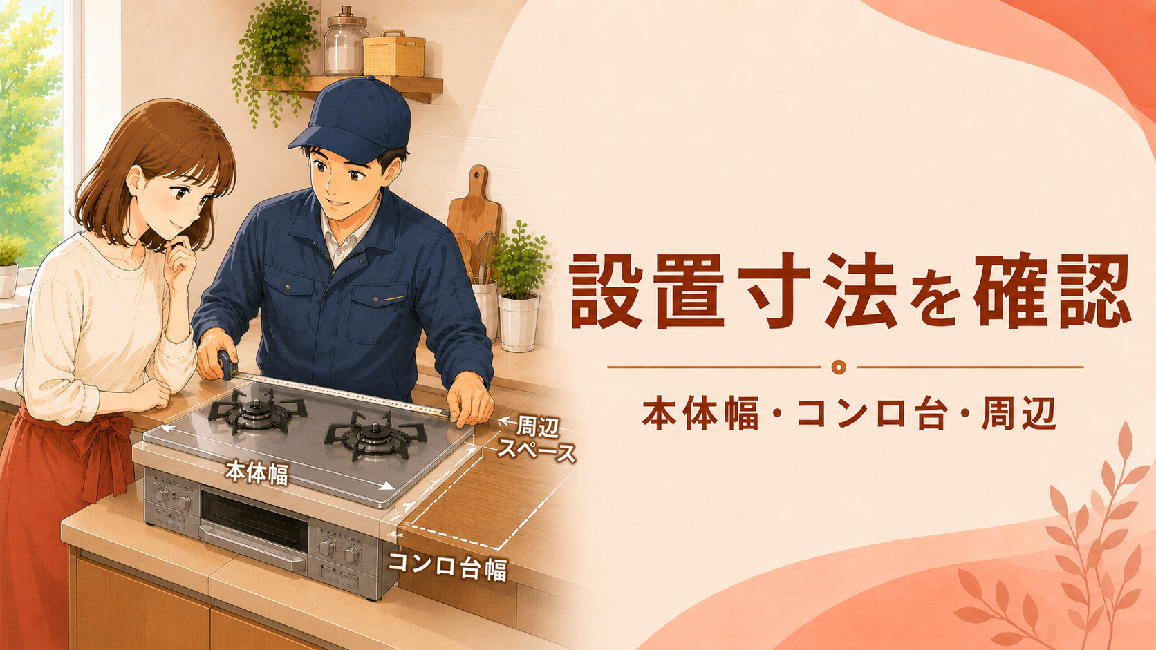 据置型ガスコンロの本体幅とコンロ台の寸法を確認する様子