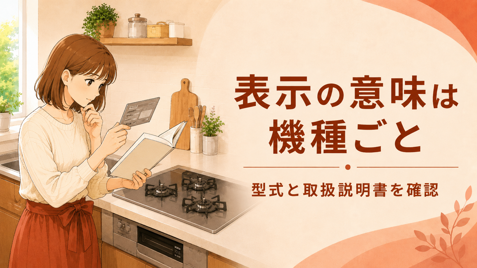 ガスコンロの表示の意味が機種ごとに異なるため型式と取扱説明書を確認するイメージ