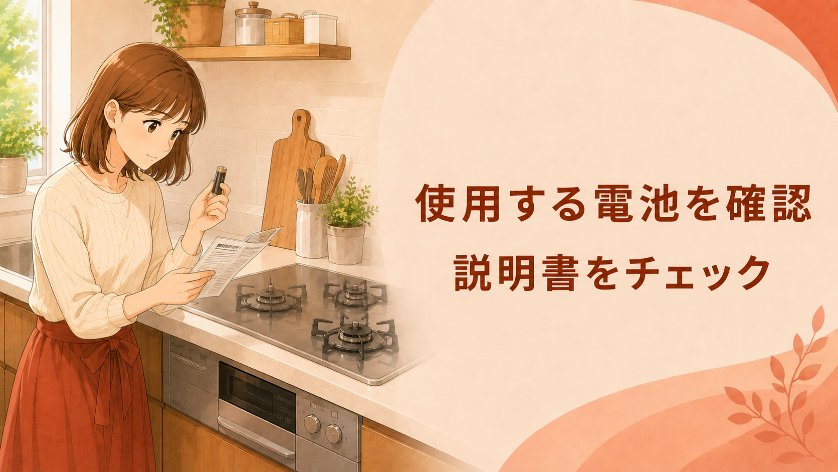 ガスコンロに使用する乾電池を取扱説明書で確認する様子