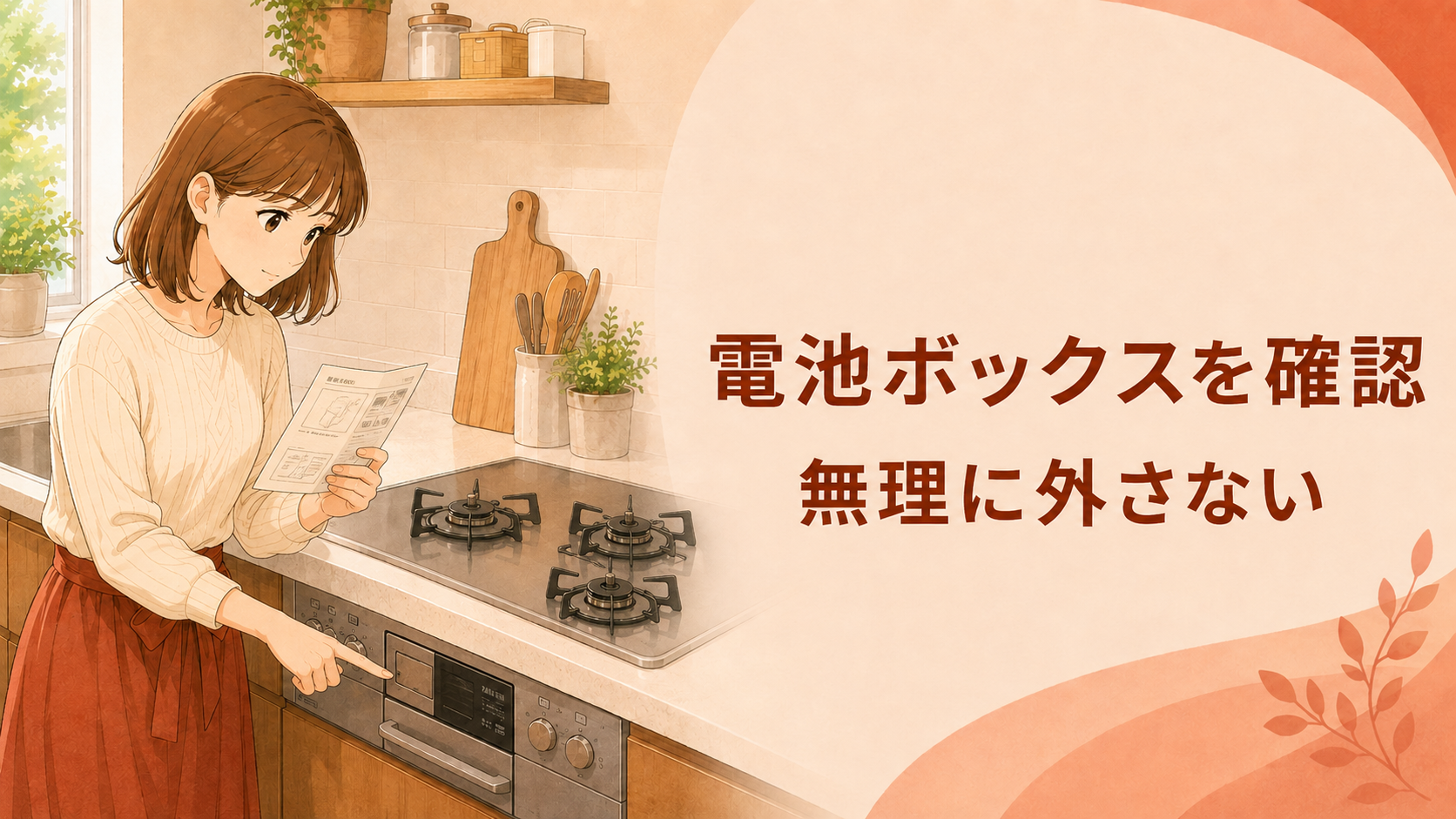 取扱説明書を見ながらガスコンロの電池ボックス位置を確認する様子