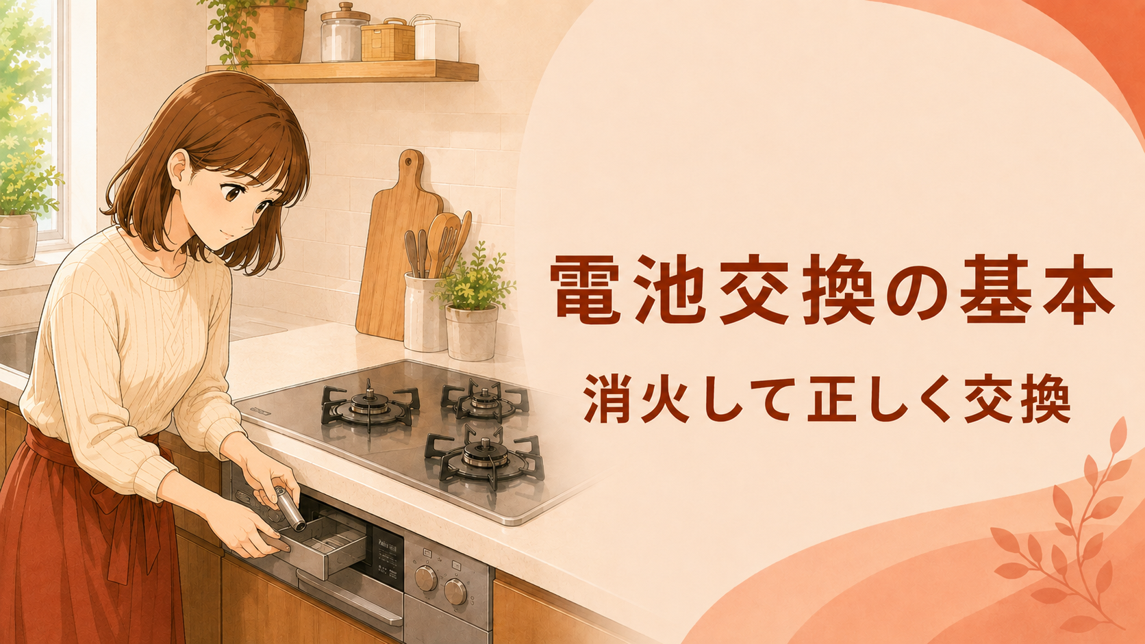 火を消したガスコンロで安全に乾電池を交換する様子