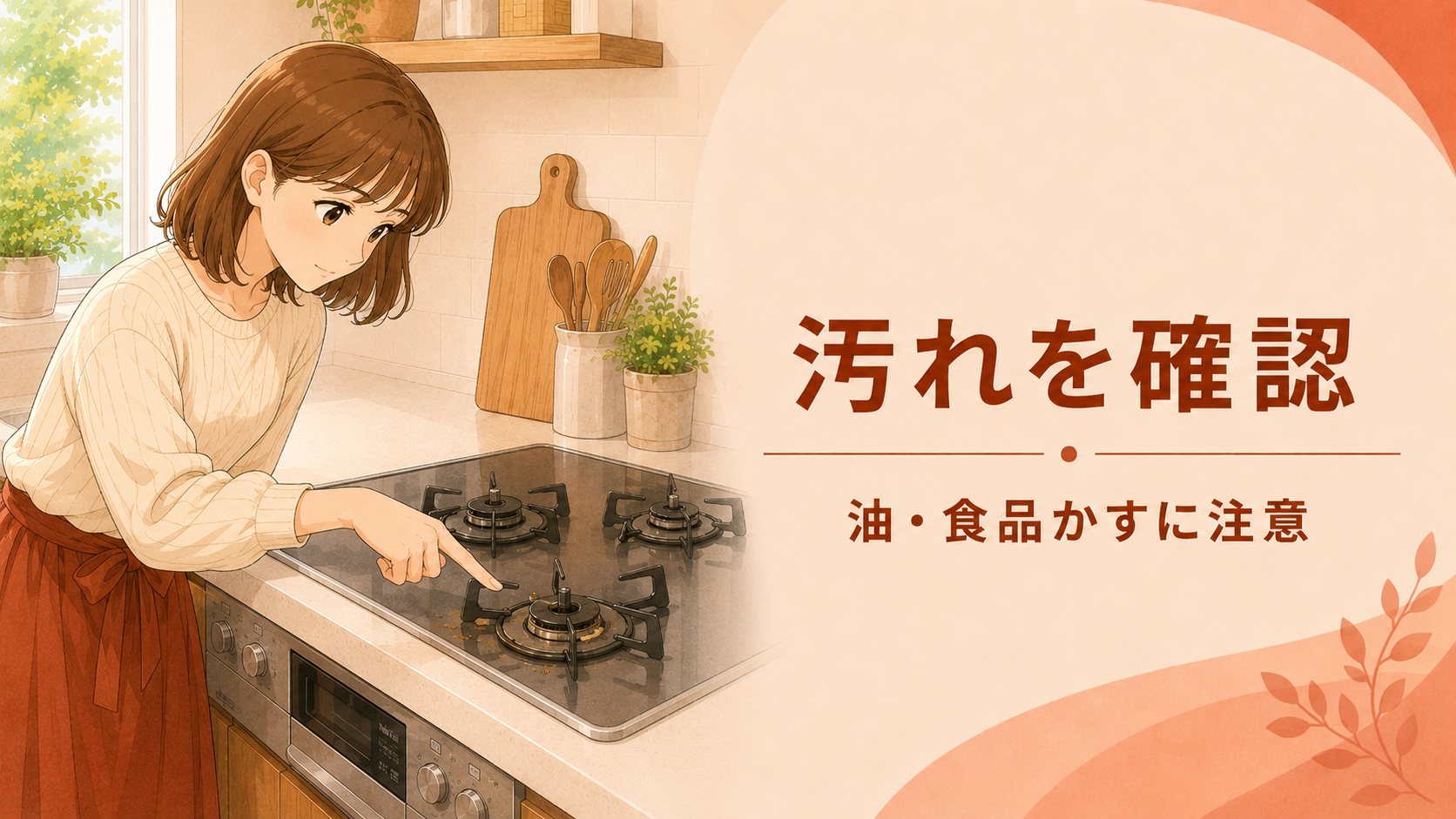 冷めたガスコンロで点火プラグ周辺の油汚れや食品かすを確認する様子