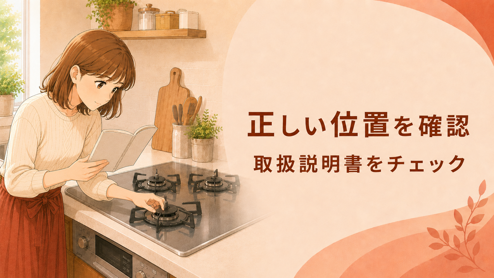 取扱説明書を確認しながらバーナーキャップの正しい位置を確認する様子