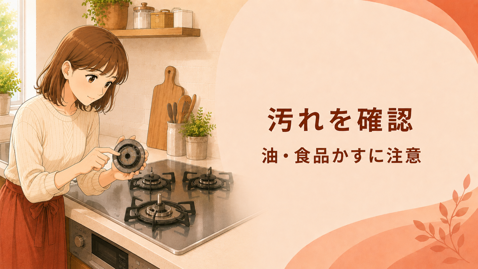 バーナーキャップの炎口に付いた油汚れや食品かすを確認する様子