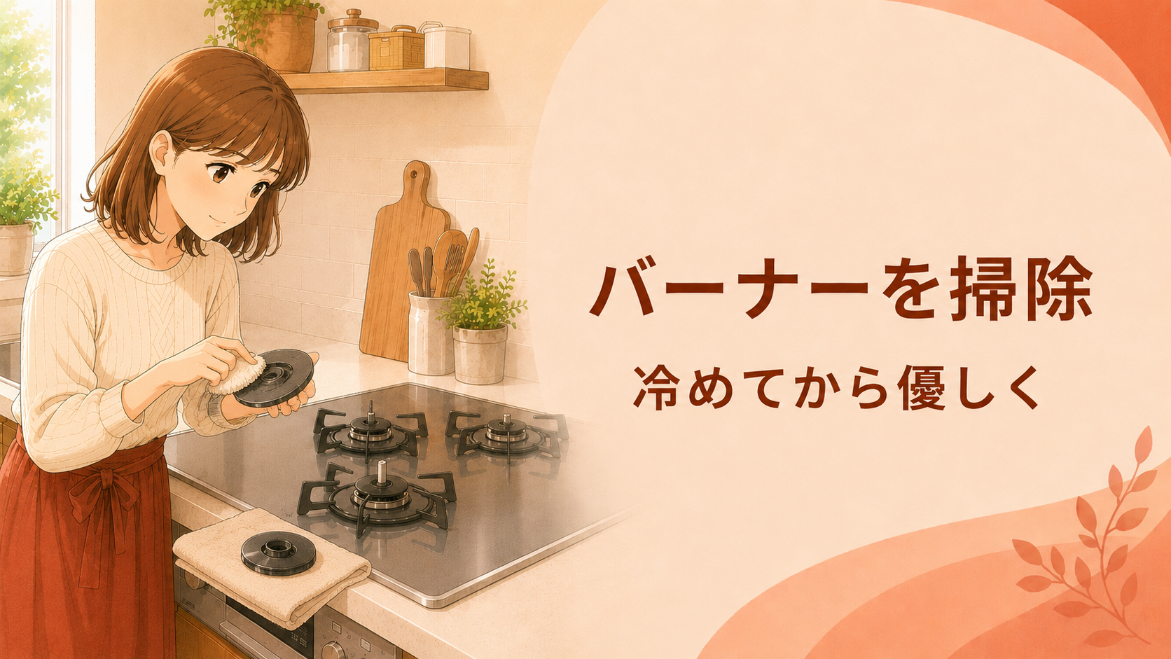 十分に冷めたバーナーキャップを柔らかい道具で優しく掃除する様子