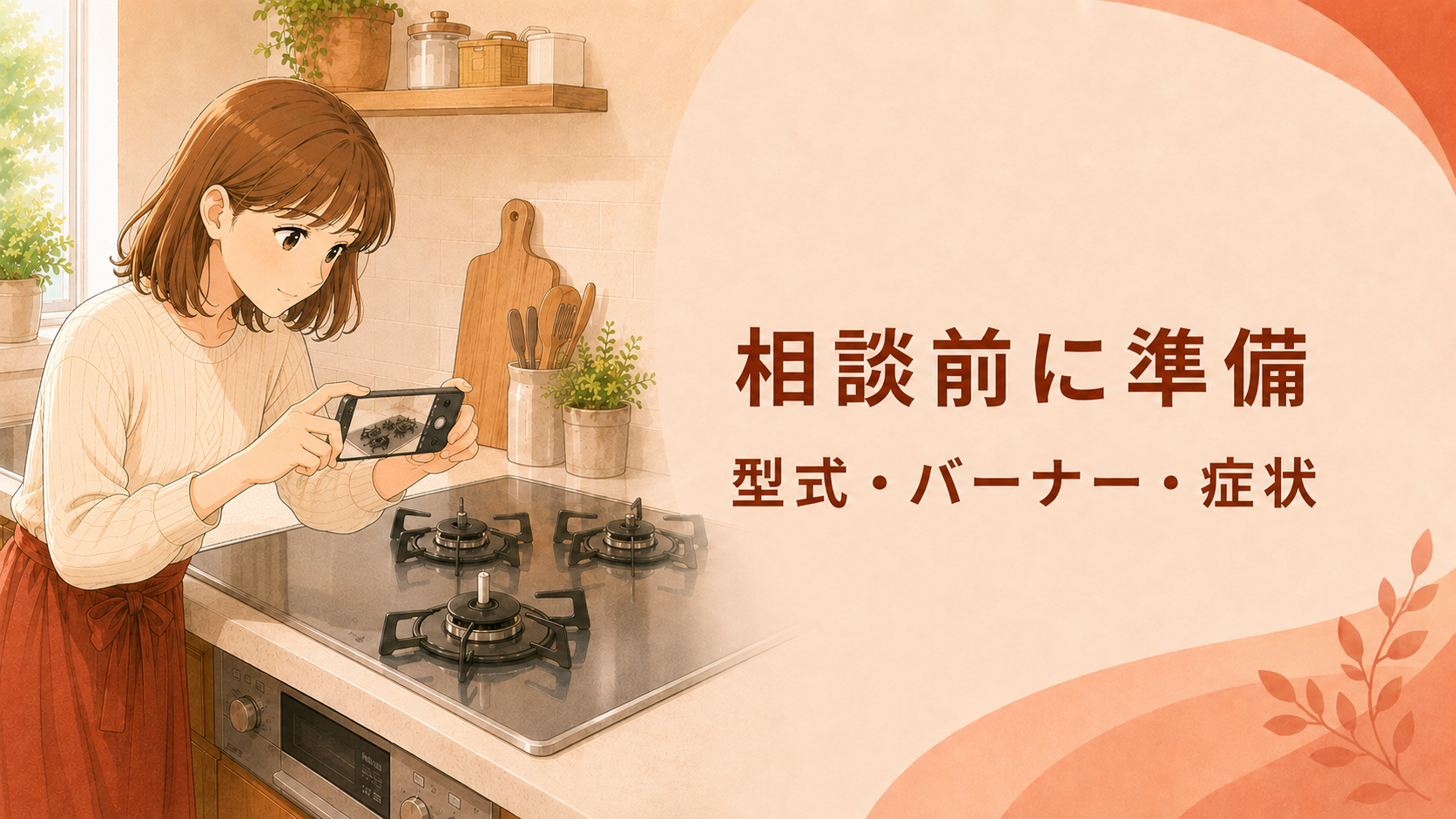 相談前にガスコンロの型式やバーナーキャップをスマートフォンで撮影する様子