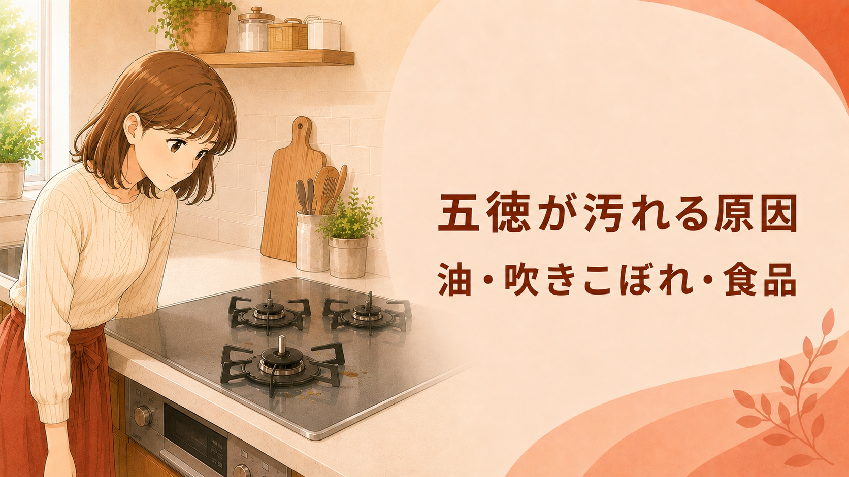 五徳に付いた油汚れや吹きこぼれ跡などを確認する様子