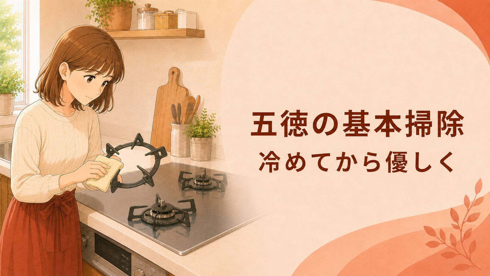 十分に冷めたガスコンロの五徳を柔らかいスポンジで掃除する様子