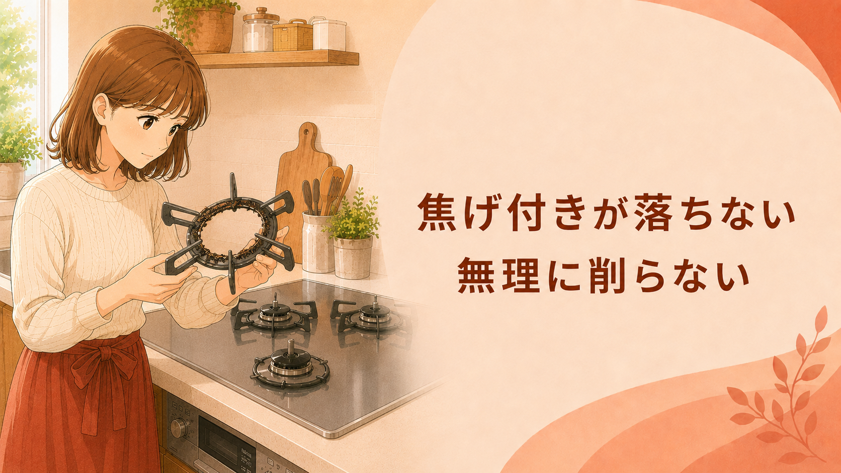 五徳の頑固な焦げ付きを無理に削らず確認する様子