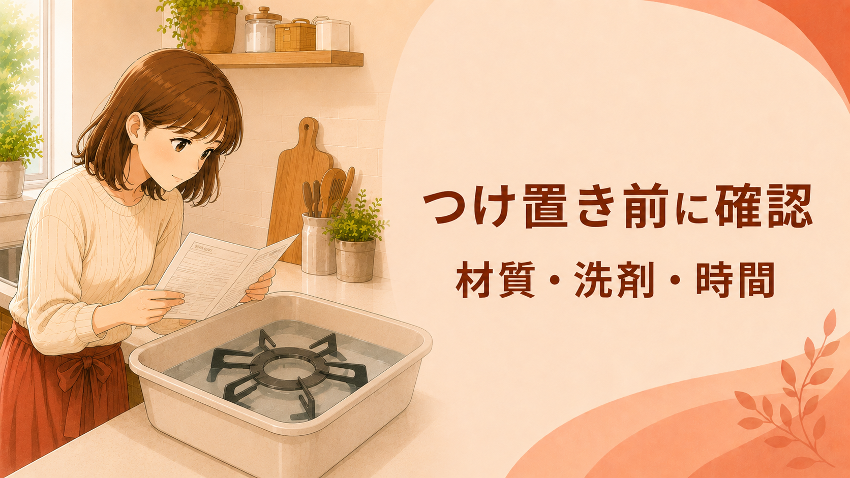 五徳をつけ置きする前に材質や洗剤、時間を取扱説明書で確認する様子